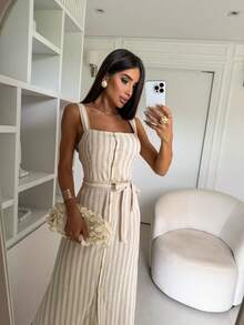 vestido de linho midi listrado com botoes e cinto