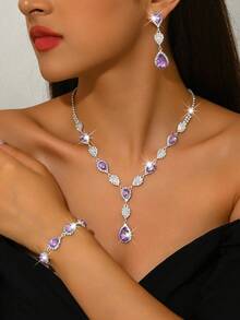 Fashion Purple Jewelry Set, Zirconia Necklace & Earrings - 1662796 Purple Jewelry Set - View 3