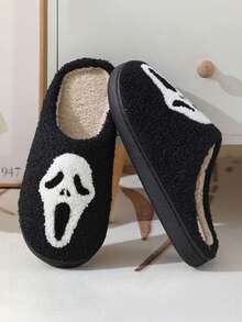 Halloween Screaming Totem Home Slippers Warm, Anti Slip, Comfortable Slippers For Men And Women Couples Indoor Slippers Embroidered Knitted - Black - View 3
