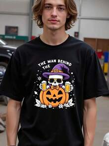 Natee Men's Halloween Graphic T-Shirt - The For Man Behind The Mask Pumpkin & Witch Design, Black Short Sleeve Regular Fit Casual Streetwear, All-Season Comfort, Durable Digital Print Tee For Halloween Costumes & Casual Attire, Spooky Season Apparel For Adults, Halloween T Shirts For Men,Nightmare Before Christmas,Christmas,Halloween Costumes,Funny T Shirts,Summer Outfits,Thanksgiving Day,Men Graphic Tees,Streetwear Men - màu đen - Xem 1