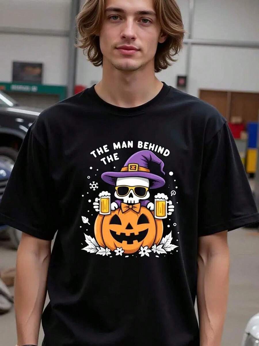 Natee Men's Halloween Graphic T-Shirt - The For Man Behind The Mask Pumpkin & Witch Design, Black Short Sleeve Regular Fit Casual Streetwear, All-Season Comfort, Durable Digital Print Tee For Halloween Costumes & Casual Attire, Spooky Season Apparel For Adults, Halloween T Shirts For Men,Nightmare Before Christmas,Christmas,Halloween Costumes,Funny T Shirts,Summer Outfits,Thanksgiving Day,Men Graphic Tees,Streetwear Men - màu đen - Xem 1