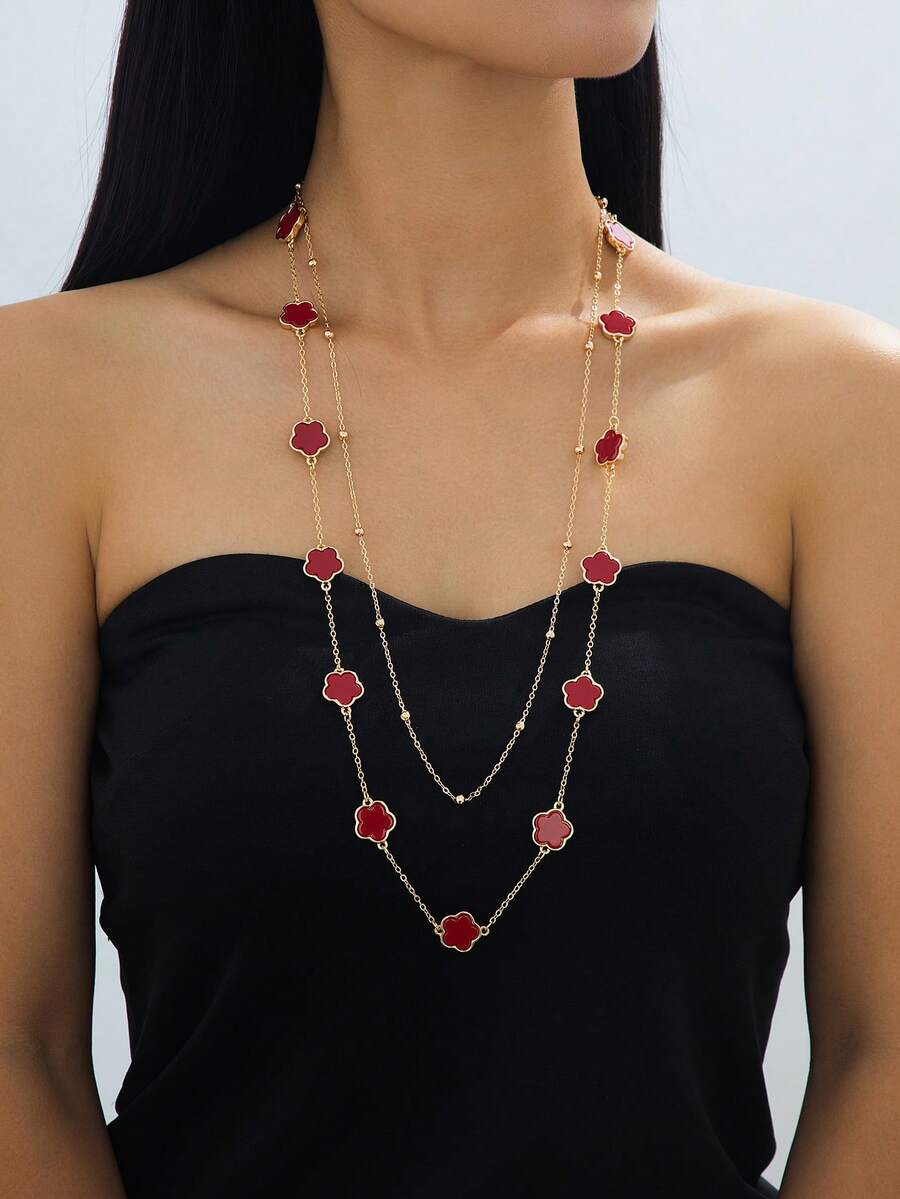 1 件复古经典勃艮第甜四叶草吊坠女士双层长项链毛衣链（由于手工切割，链上的珠子数量是随机的，但最终长度保持不变） - 紅色 - 查看 1