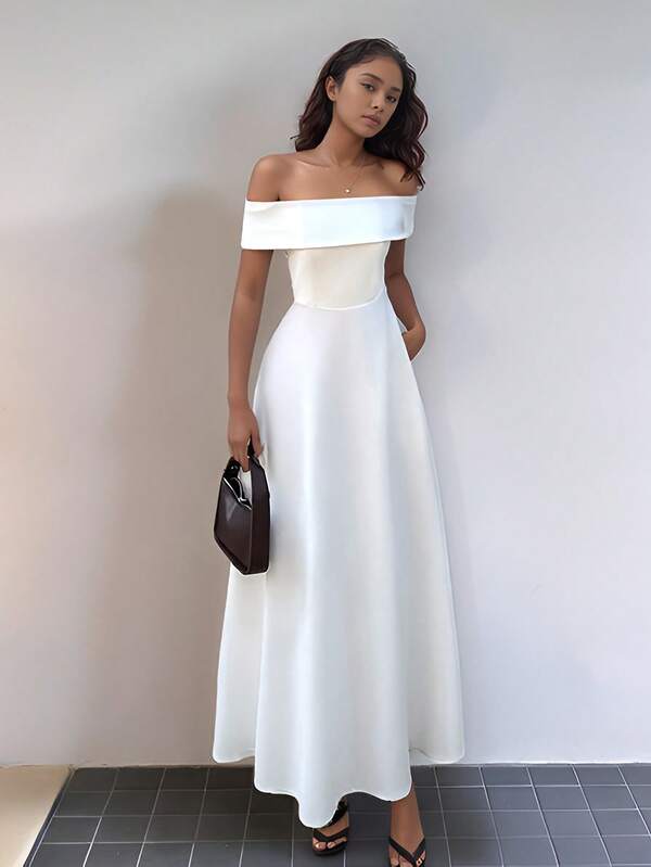 Women's Autumn/Spring Sexy Off-The-Shoulder Slim Fit Bohemian Dresses Elegant Solid Simple Classic Birthday Evening Cocktail Party Stretchy Maxi Bodycon