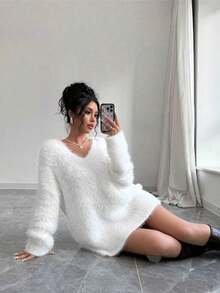 Cross-Border V-Neck Knitted Sweater Dress For Europe & America - 2025 New Autumn & Winter Style, Loose Lazy Vibe, Suitable For Outer Wear - trắng - Xem 2