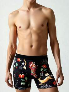 2pcs Men's Christmas Cartoon Socks Gift Print Boxer Briefs, Funny Cute Men's Boxer Shorts, Casual Home Men's Shorts, Sexy Men's Boxer Briefs