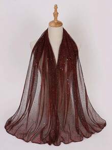 1 pezzo Sciarpa bandana leggera da donna con paillettes di colore unito, foulard, hijab mediorientale, scialle decorativo, adatto per uso quotidiano