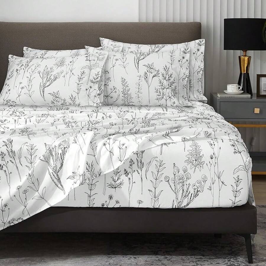 Black Sheets, Deep Pocket, 1800 Thread Count, Soft Breathable, Cute Printed Boho Farmhouse Bed Sheets, Up To 18 Inch - Black and White - View 1