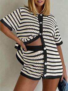 Women's Boho Beach Vacation Set, Crochet Knit Cover Up With Striped Button Shirt, Summer Short Sleeve - 黑色 - 查看 5