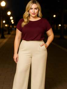 PLUS SIZE PLAIN BLOUSE CASUAL MODERN BASIC CURRENT CONTEMPORARY VISCOLYCRA DAILY WORK - Burgundy - View 3