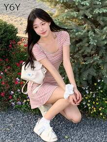 Y6Y 夏季多巴胺彩色条纹圆领短袖女式时尚度假收腰2025新款秋季短裙优雅 - 玫紅色 - 查看 3