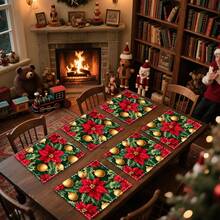 1 set/1 pieza/4 piezas/6 piezas Manteles individuales con estampado de flores de acebo navideñas, lavables a máquina, de poliéster rectangular, protectores de mesa, manteles individuales termoaislantes, decoraciones de mesa de restaurante, suministros para fiestas, decoraciones navideñas que pueden regalarse