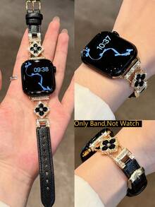 1条兼容苹果手表的表带，新款高级女士金色闪亮镶钻金属黑色皮革表带，兼容苹果手表38/40/41/42/44/45/46/49毫米，兼容苹果手表Ultra/SE/11/10/9/8/7/6/5/4/3/2/1，时尚智能手表配件，金色表带 - 黑色 - 查看 5