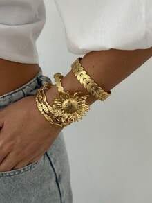 Brățară elegantă retro pentru femei, la modă, în formă de geometrică, din oțel inoxidabil cu frunze metalice și motive florale