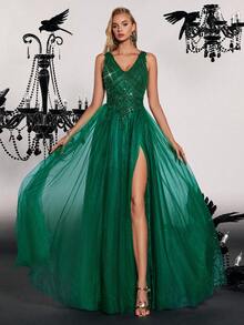 VIPGIRL Vestido de noche formal con cuello en V profundo, abertura alta y tela de malla - Verde - Ver 1