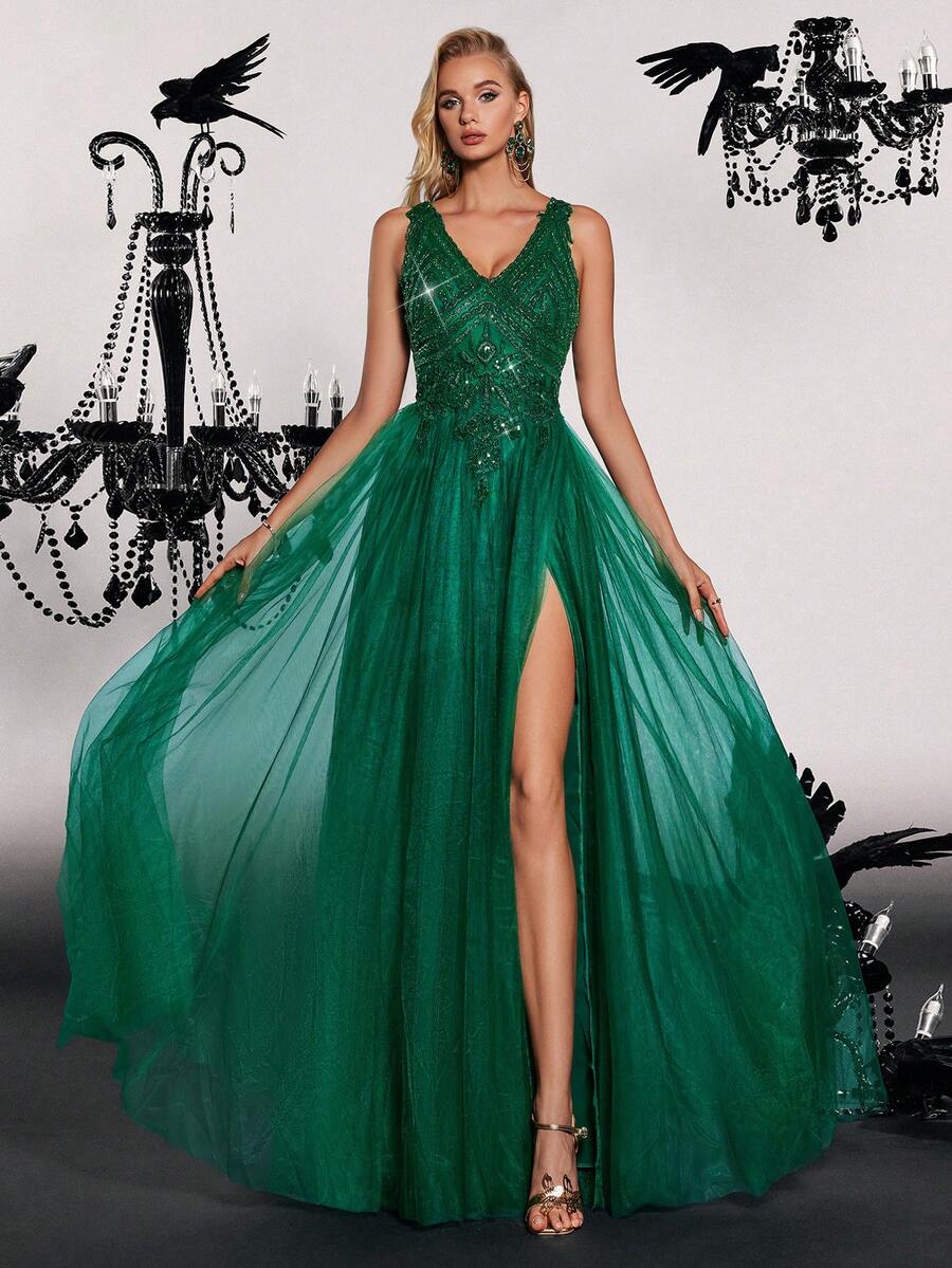 VIPGIRL Vestido de noche formal con cuello en V profundo, abertura alta y tela de malla - Verde - Ver 1