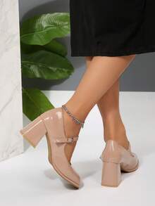 Geeyea Shoes For Women,High Heels, Classic Black And White Color Scheme, Thick Heel Design, Adjustable Back Buckle Strap, Oversized Feet For Ladies To Easily Wear, Can Be Paired With Uniforms, Dance Dresses, Multiple Scene Matching Styles,  Local Warehouse - 杏色 - 查看 5