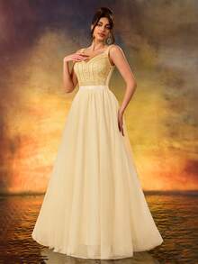 Women's Sequins Sparkling A Swing Dress Elegant V-Neck Tulle Flutter Evening Dress For Wedding Guest Formal Evening Birthday Party - Gold - View 6