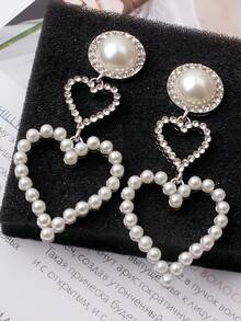 1 对女孩优雅珍珠和钻石镶嵌心形耳环，时尚女孩耳环 - 米色 - 查看 8