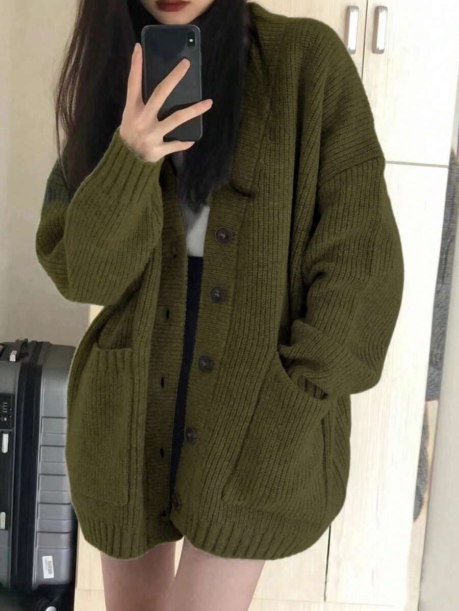 Alicedudu Women's Autumn/Winter Loose Minimalist Button-Front Cardigan With Large Pockets - Army Green - View 1