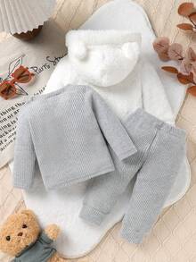 3pcs Set, Casual, Cute, Baby Boy Clothes, Toddler Autumn/Winter Outfit, Soft & Comfortable, Cartoon Bear Applique Embroidery Hooded Jacket, Fleece Crew Neck Top And Pants, Suitable For Daily, Holiday, Party, Outdoor