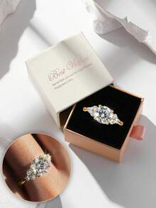 Gift Box Luxury Sparkling Cubic Zirconia Micro-Pave Gold Color Ring, Suitable For Wedding, Engagement, Valentine's Day Gift For Lover