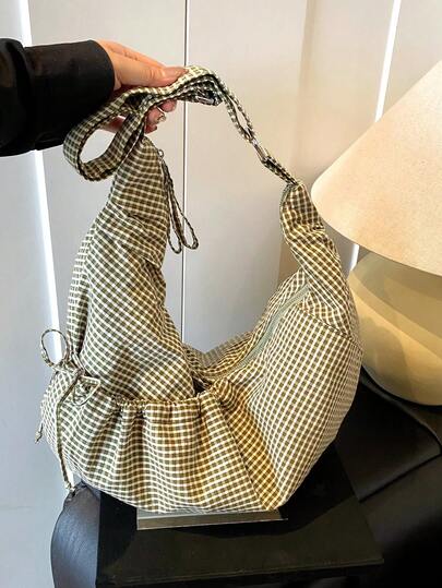 日式格子单肩包，时尚褶皱蝴蝶结拉链开合斜挎包，学校/大学生轻便折叠布包，适合购物、日常通勤，月牙形