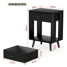 Con cajones de almacenamiento de tela y estantes abiertos de madera, mesa auxiliar de dormitorio con función de almacenamiento, mesita de noche de dormitorio con cajones - Negro - Ver 2