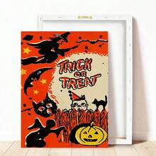 1 pièce Affiche sur canevas de sorcière volante, citrouille fantôme, style décoratif de festival des chats fantômes. Murales d'intérieur, impressions d'affiches, cadeaux muraux, chambre, bureau, salon, café, décoration murale, maison, décoration de dortoir, cadre photo au choix, décoration d'Halloween, décoration d'automne, décoration de chambre.