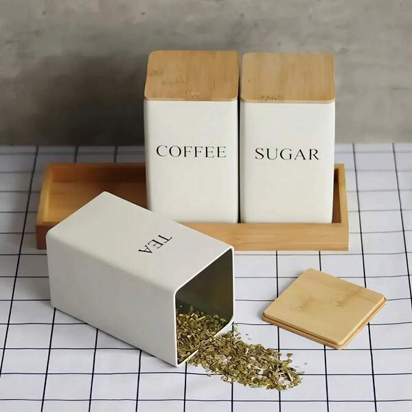 Tarros metálicos cuadrados con tapas, juegos de recipientes para café, azúcar y té, tarros de cocina, recipientes con tapa hermética, tarros metálicos para almacenamiento en la mesa de la cocina, organización moderna de la cocina, almacenamiento de cocina, conservación de alimentos