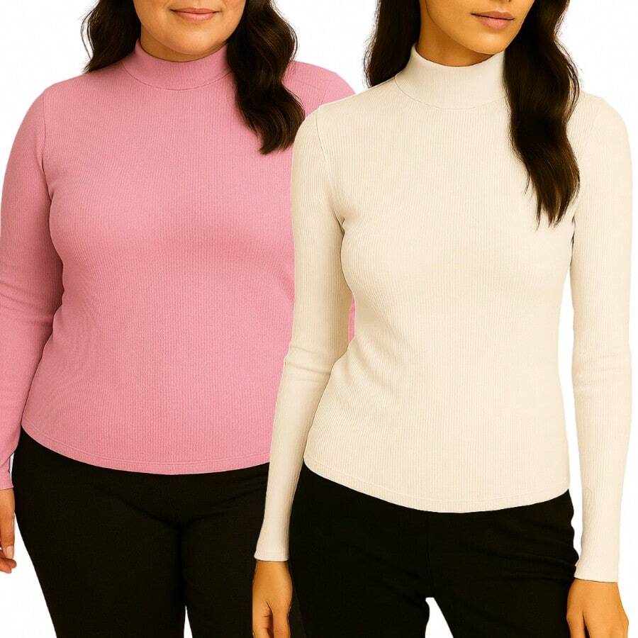 Kit com 3 Blusa Feminina Manga Longa Cacharrel Ribana Algodão Premium Básico Gola Alta