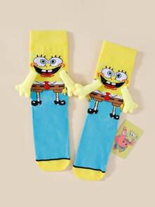 1/2 Pair New Cute Cartoon SpongeBob Unique Magnetic Couple Socks, Japanese/Korean Style Mid-Calf Socks For Lovers & Best Friends, Spring/Autumn - Multicolor - View 10