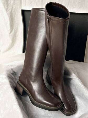 Women's Brown Side Zipper Knee-High Boots, New Winter Slim Fit Chunky Heel Chelsea Riding Boots,Party