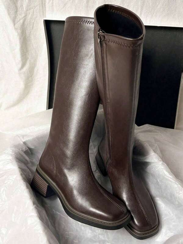 Women's Brown Side Zipper Knee-High Boots, New Winter Slim Fit Chunky Heel Chelsea Riding Boots,Party