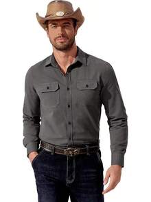 Mens Western Cowboy Shirt Long Sleeve Cotton Button Down Work Shirts With Pockets - Màu xám đen - Xem 2