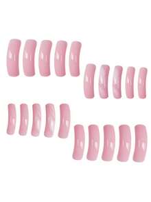 A Box Of 20 Press-On Full Coverage False Nails, Square Long Curved Shape With Pink Color And French Black Edge Design, Making Fingertips Look More Simple And Romantic, Fashionable And Versatile Suitable For All Women's Daily Wear, Comes With Nail File And Gel.
