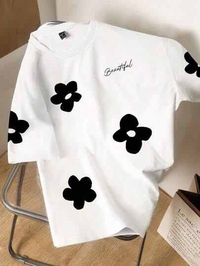Camiseta de hombre casual de verano con estampado floral y de letras