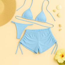 Simple Knot Drawstring Backless Holiday Beach - 淺藍色 - 查看 1
