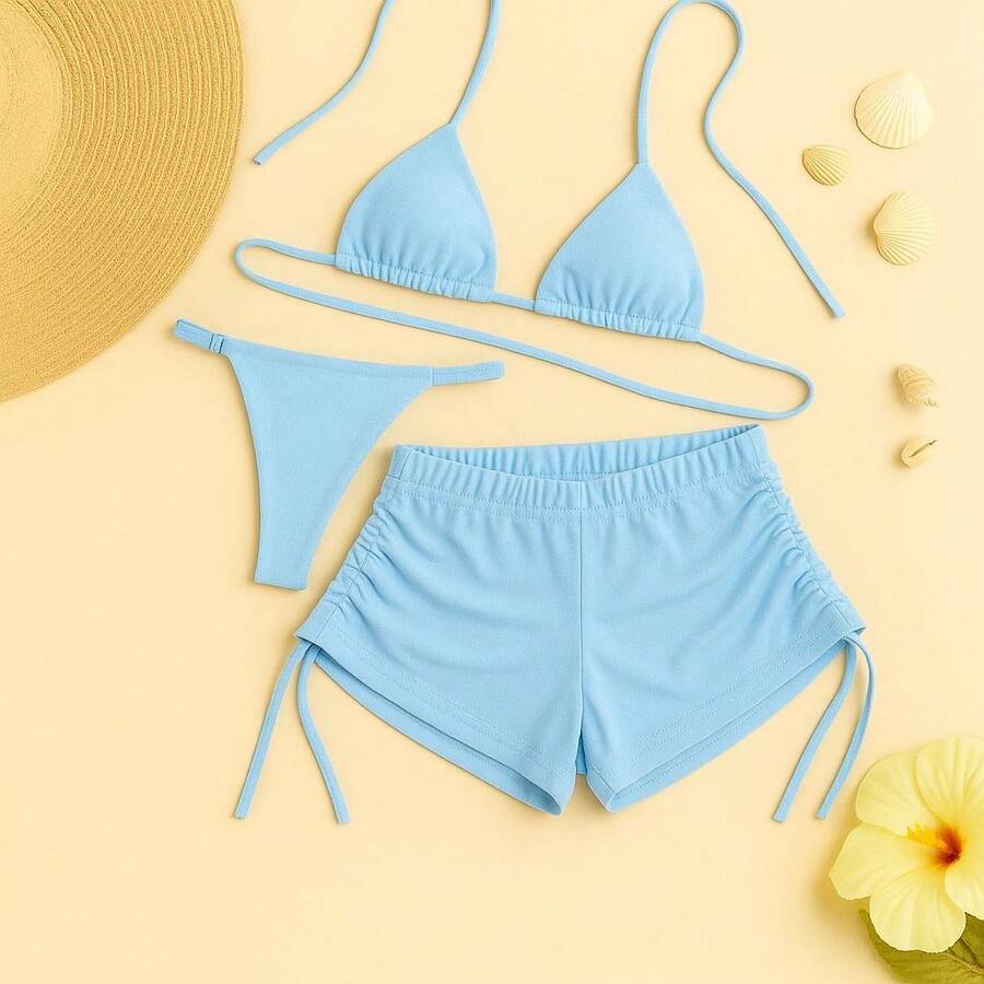 Simple Knot Drawstring Backless Holiday Beach - 淺藍色 - 查看 1