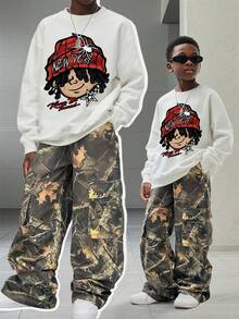 青少年男孩卡通图案保暖圆领运动衫和梭织长裤套装 - 白色 - 查看 1