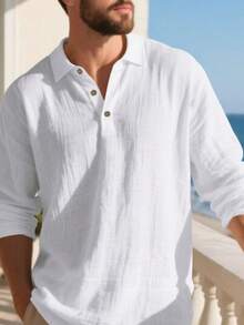 Men's White Linen Polo Collar Long Sleeve Shirt, Half-Button Design, Suitable For Beach Vacation, Back To School, 4th Of July Gathering & Tropical Travel, Autumn/Winter Layering