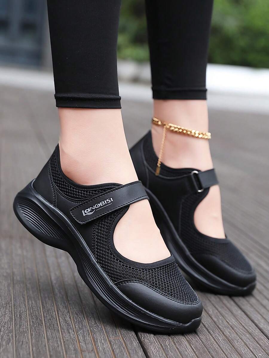 Black Nurse Shoes For Women, Casual Mesh Breathable Athletic Sneakers, Platform Slip-On Loafers, Adjustable Closure, Lightweight And Fashionable Work Shoes
