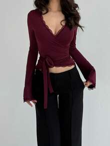 Women's Y2k Fall Long Sleeve Shirts Lace Trim Tie Up V Neck Slim Fit Shirts Tops Casual Going Out Blouse Tops Streetwear - 酒紅色 - 查看 1