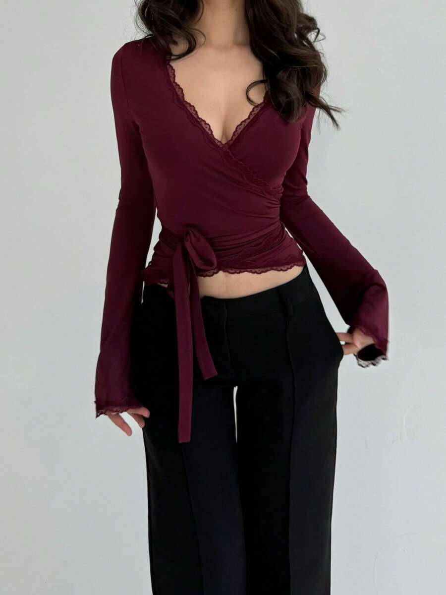 Women's Y2k Fall Long Sleeve Shirts Lace Trim Tie Up V Neck Slim Fit Shirts Tops Casual Going Out Blouse Tops Streetwear - 酒紅色 - 查看 1