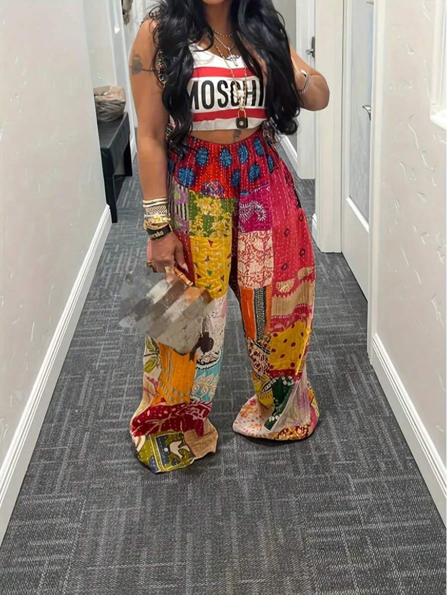 Women's Retro Floral Wide-Leg Loose Pants Low-Rise Straight Overalls Autumn Women's Wear With Long Straps Patterned Pants For Women