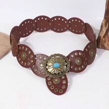 1pc Women's Western Cowgirl Style Boho Chic Country Belt, Women's Bronze Oval Turquoise Decor Buckle, Bronze Floral Accent Patchwork Belt, Suitable For Dresses, Skirts, Jeans, Work And Vacation Outfits - Coffee Brown - View 7