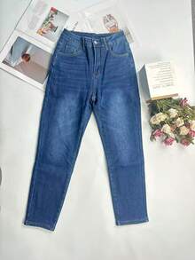 Skinny Cropped Warm Denim Jeans, Winter - Blue - View 9