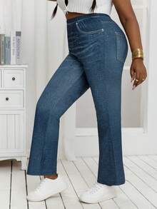 Plus Size Denim Effect Stretch Flare Leggings High-Waisted Loose Wide Leg Pants For For Everyday And Wear