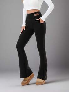 Autumn And Winter High-Waisted Thermal Lined Flared Pants With Side Slits, Stretchy Women's Wide Leg Yoga Casual Trousers - Black - View 5