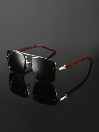 1 Pair Men's Retro Square Metal Double Bridge Glasses With Red Faux Wood Grain Temples, High-Quality PC Lenses, Durable And Fashionable For Business, Street, And Everyday Wear