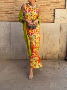 فستان نسائي أنيق بطبعات زهرية مع رداء، طقم من قطعتين، مقاسات كبيرة